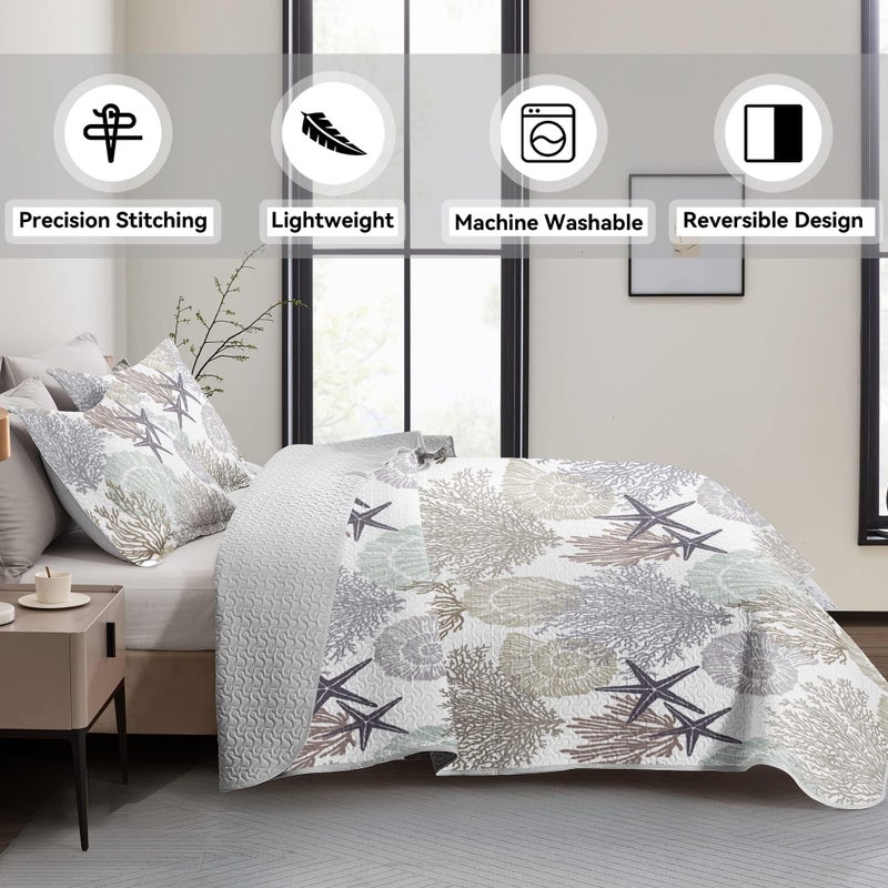 Tritard 3 Piece Coastal Quilt Sets Full/Queen Size - Reversible Microfiber Quilts with 2 Shams Soft Lightweight Beach Bedding Nautical Bedspread Summer Comforter Set for All Season  90''x96''  C2 - Image 3